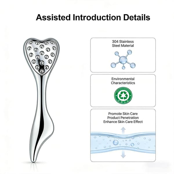 20-perle Ansigtsmassager i Rustfrit Stål med Kuldeterapi, Hjerteformet Massager til Ansigts- og Øjenpleje Silver