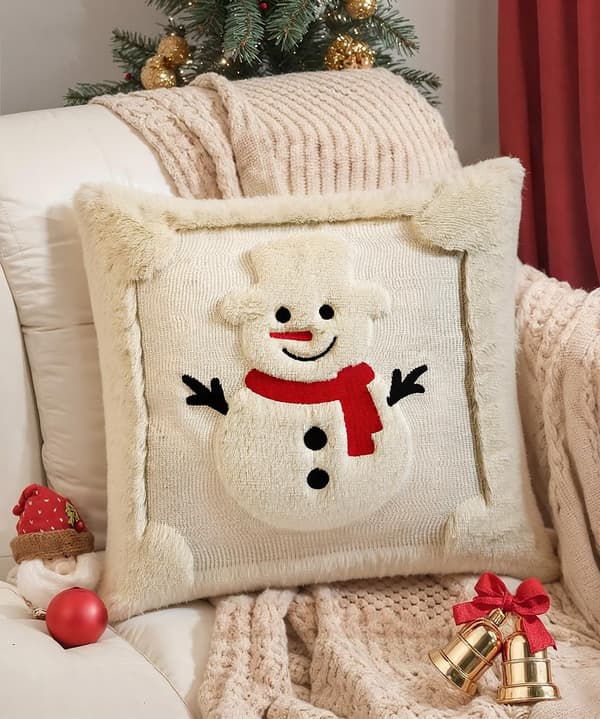 2-pack julkuddfodral, 3D-broderat dekorativt sofföverdrag, heminredning, julkuddfodral, 45x45 cm, beige snögubbe
