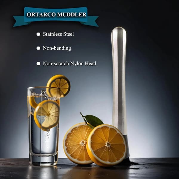 10-tommer cocktailmuddler i rustfrit stål og 10-tommer røreske, 2-delt sæt.