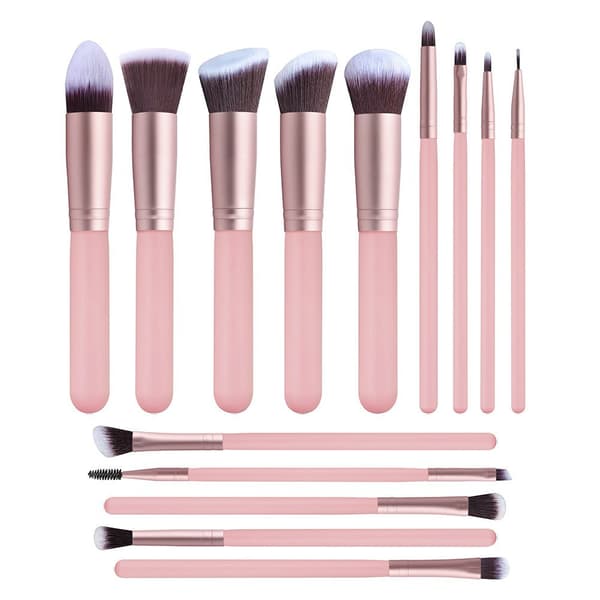 14-delt makeupbørstesæt, inklusive foundationbørste og andre professionelle makeupbørster.
