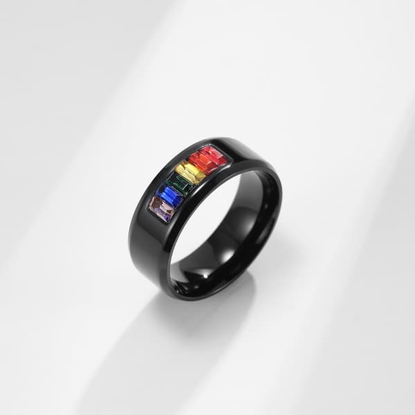 Regnbuefarget edelstenring i rustfritt stål, titan stålring, fingerring, parsmykker. black 8#