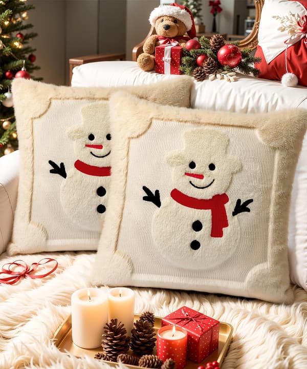2-pack julkuddfodral, 3D-broderat dekorativt sofföverdrag, heminredning, julkuddfodral, 45x45 cm, beige snögubbe