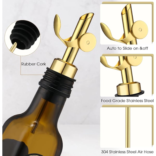 5-delt vinflaskedispenser i rustfrit stål med automatisk vippefunktion, olivenoliedispenser, balsamicoeddike/alkoholdispenser. gold
