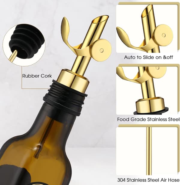 5-delt vinflaskedispenser i rustfritt stål med automatisk vippefunksjon, olivenoljedispenser, balsamicoeddik/alkoholdispenser. gold