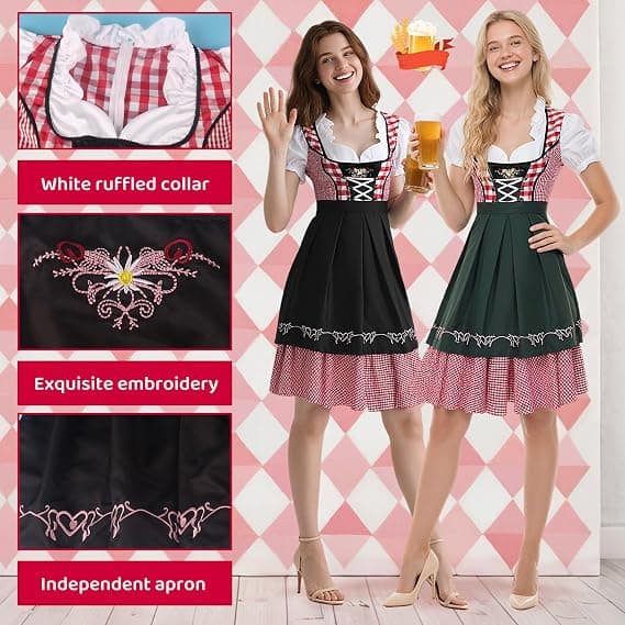 Oktoberfest Dirndl Kjole, Bayersk Kostume, Festkjole med Forklæde, Flere Farver