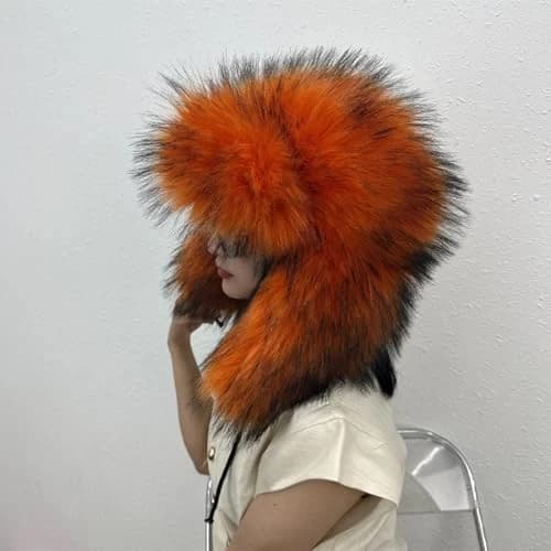 Falsk pels russisk hat, blød og varm vinter aviator hat, orange. Orange