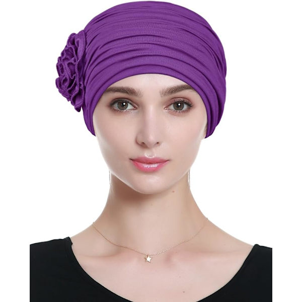 Blomsterdesign Kjemoterapi Hårtap Lue Kreft Hodeplagg for Kvinner Deep purple