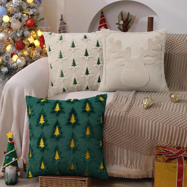 Julepudebetræk, 18x18 tommer, sæt med 2, jacquard 3D julebroderet imiteret pels pyntepuder, julepynt.