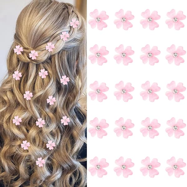 20 mini lyserøde blomsterhårklemmer med rhinsten, sødt hårtilbehør.