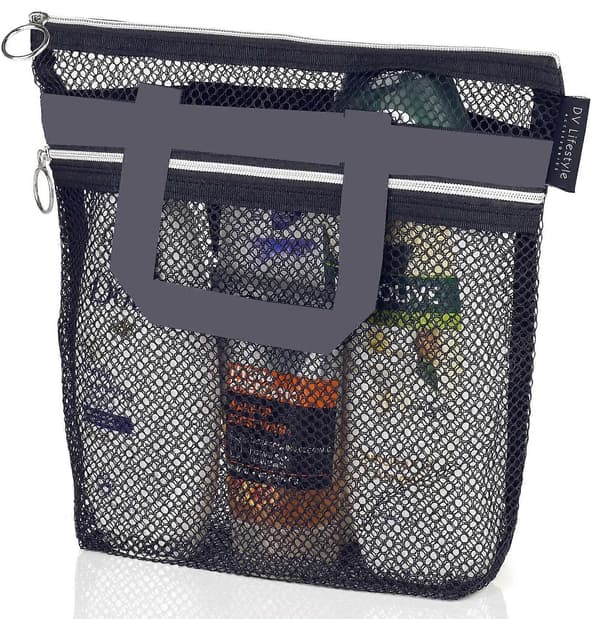 Mesh Shower Caddy with Zipper, Large Polyester Shower Bag, Portable Bathroom Storage Basket with Handle.