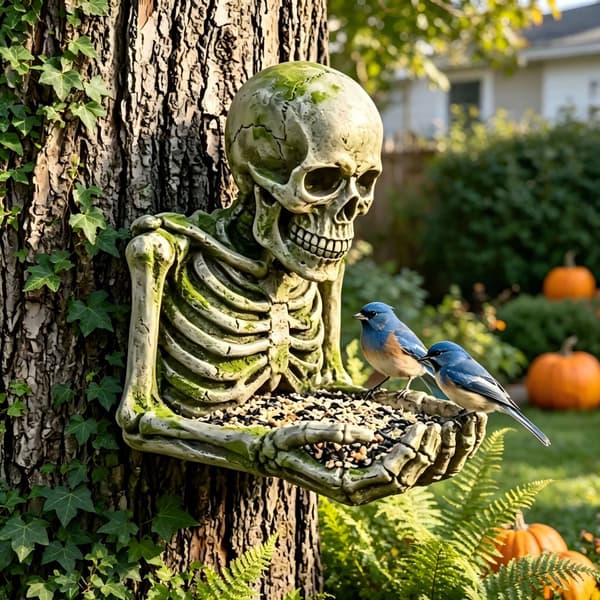 Fuglefoderbræt i harpiks med kranie, Halloween udendørs terrasse have fuglefoderbræt, gyser scene dekoration hængende ornament