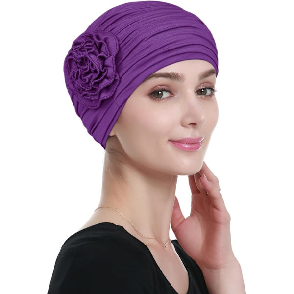 Blomsterdesign Kjemoterapi Hårtap Lue Kreft Hodeplagg for Kvinner Deep purple