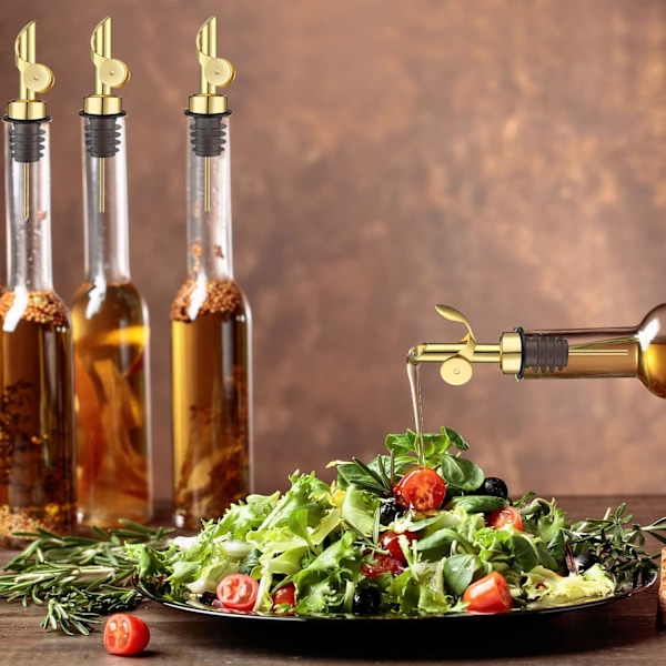 5-delt vinflaskedispenser i rustfrit stål med automatisk vippefunktion, olivenoliedispenser, balsamicoeddike/alkoholdispenser. gold