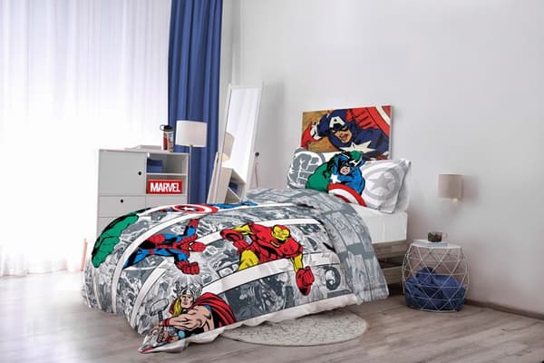 Barnsängkläder - MARVEL COMICS - Comic Cool - 200 x 200 cm - Bomull - Avengers Grå, Vit