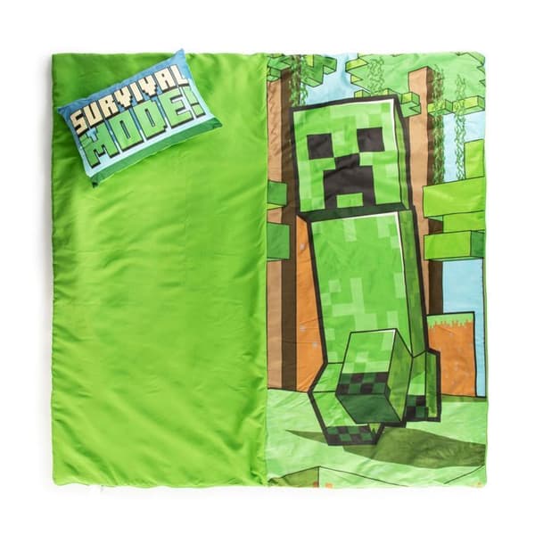 Minecraft Creeper sovsäck med integrerat kuddset, täcke och kudde.