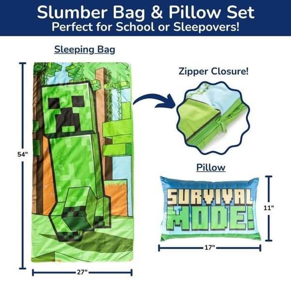 Minecraft Creeper sovsäck med integrerat kuddset, täcke och kudde.