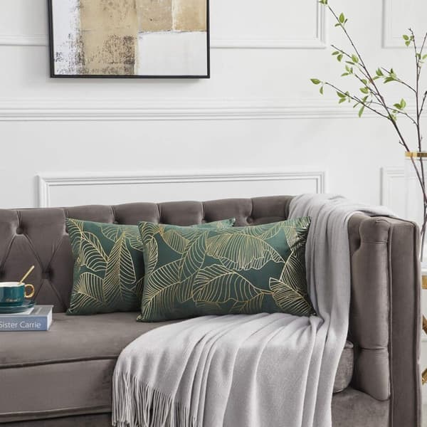 Kuddfodral 30 x 50 cm Sammet Guld Löv Kuddfodral Grönt Kuddfodral Dekorativ Kudde för Soffa Sovrum Vardagsrum Set om 2