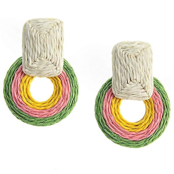 Statement Raffia Runde Øreringe - Boho Drop Håndlavede Stråøreringe - Geometriske Hængeøreringe til Kvinder/Piger