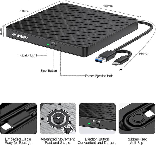 Ekstern CD DVD-stasjon for bærbar PC, USB 3.0 CD-stasjon for PC Windows 11/10/8.1/7, USB C DVD-brenner for Windows Linux Mac