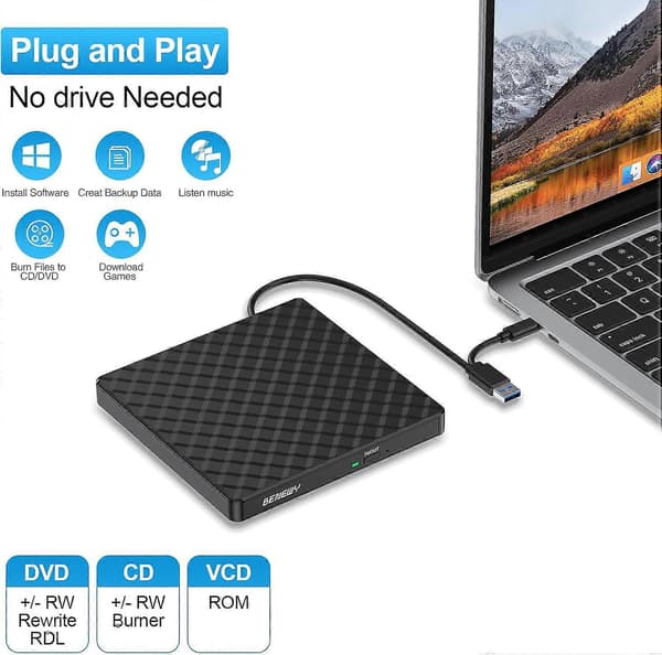 Ekstern CD DVD-stasjon for bærbar PC, USB 3.0 CD-stasjon for PC Windows 11/10/8.1/7, USB C DVD-brenner for Windows Linux Mac