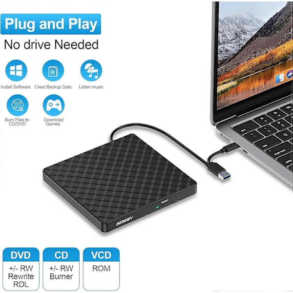 Eksternt CD DVD-drev til bærbar computer, USB 3.0 CD-drev til pc Windows 11/10/8.1/7, USB C DVD-brænder til Windows Linux Mac