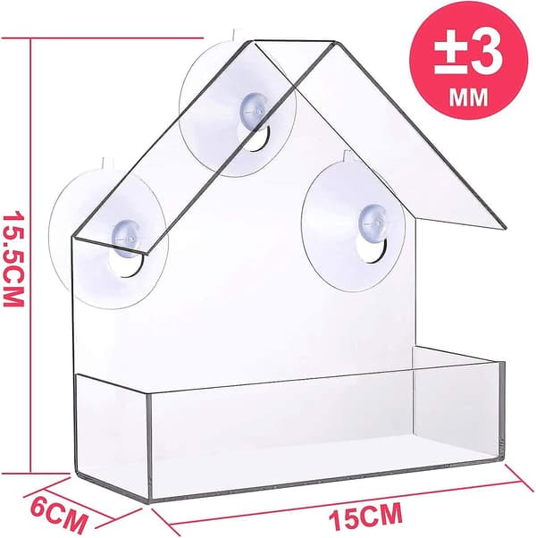 Klare akrylvinduesfoderautomater, fuglefoderautomat vildtfuglefoderautomat med frøholder og 3 kraftige sugekopper, 15,5 x 15 x 5 cm