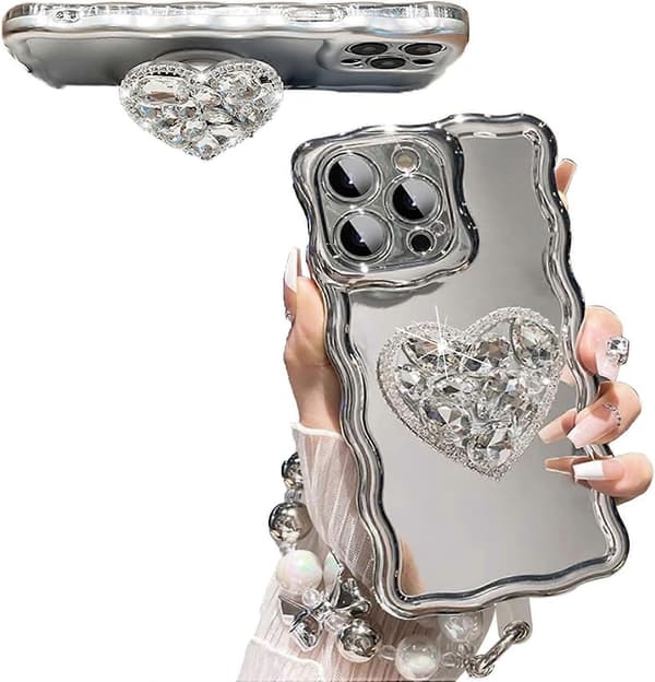 Silver hjärta diamantfäste passar för iPhone-fodral (för iPhone 13).