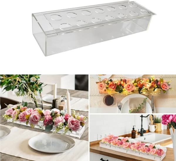 14-håls rektangulär akrylblomvas, 35x10x6cm, skrivbordsdekoration