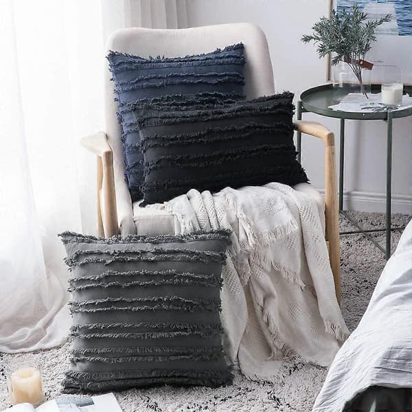 Set med 2 Dekorativa Boho Kuddfodral Linne Randig Jacquard Mönster Kuddfodral för Soffa Soffgrupp Vardagsrum Sovrum 18x18 Tum Mörkgrå