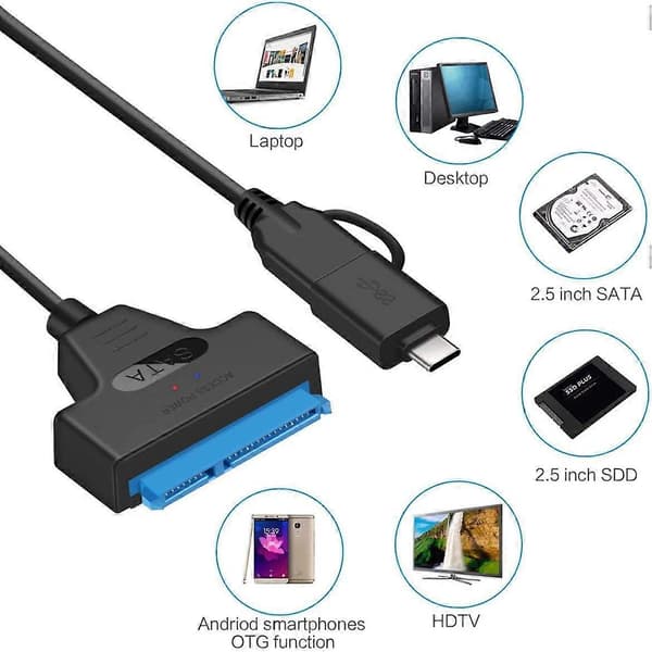 SATA til USB Adapter USB 3.0 og USB C for 2.5 Tommers SSD HDD med UASP Hastighetsdataoverføring
