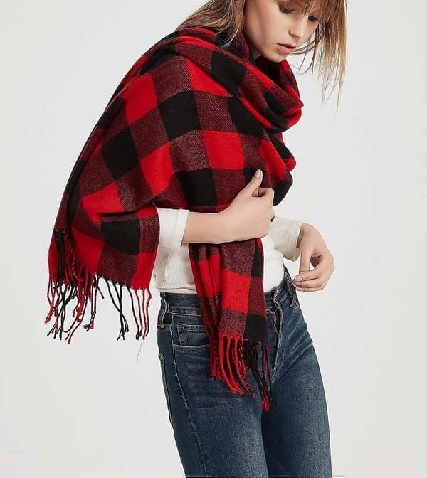 Dames Mode Langt Sjal Stor Rute Vinter Varmt Gitter Stort Sjal Rød Sort Tartan -