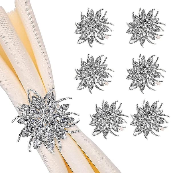 Servettringar, silver servettringar set om 6, lyxig strass kristallblomma