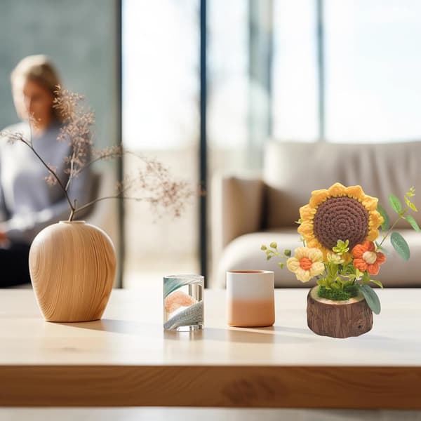 Handvirkad solrosbukett, kreativ stickad krukväxt 1pc