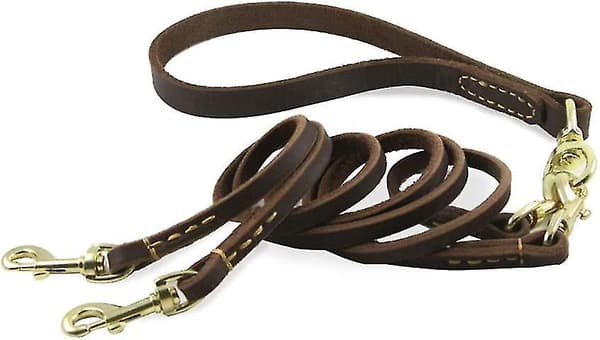 Dubbel hundkoppel i läder med avtagbart handtag