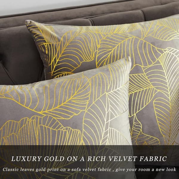 Kuddfodral 45 x 45 cm sammet guldlöv kuddfodral grå dekorativt kuddfodral prydnadskudde för soffa sovrum vardagsrum set om 2