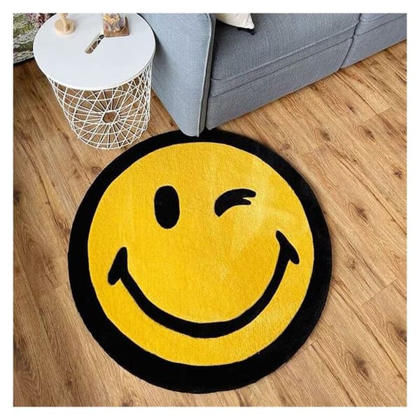 Tecknad Smiley Ansikte Rund Matta Dekoration Vardagsrum Sovrum Studier Maskintvättbar