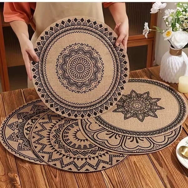 Runde trykte jute-brikker, bohemstil 6PC