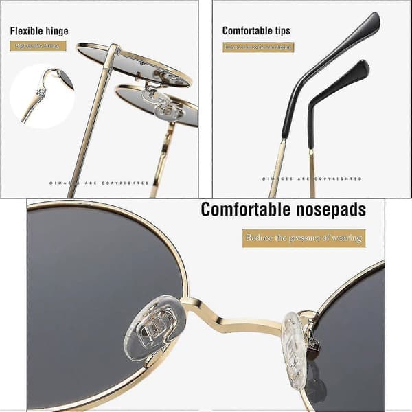 Solbriller i John Lennon-stil for unisex runde polariserte linser size:2 Pack (Black- Gold)