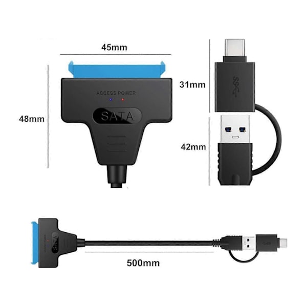 USB 3.0 Type C til SATA-adapterkabel, USB 3.0/Type-C til SSD/2,5 tommer SATA harddiskadapter, 2,5 tommer HDD/SSD harddiskdriverkonverter/adapterkabel
