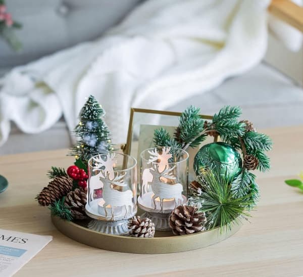 Julelysstake sett med 2 reinsdyr lanterne lysestaker