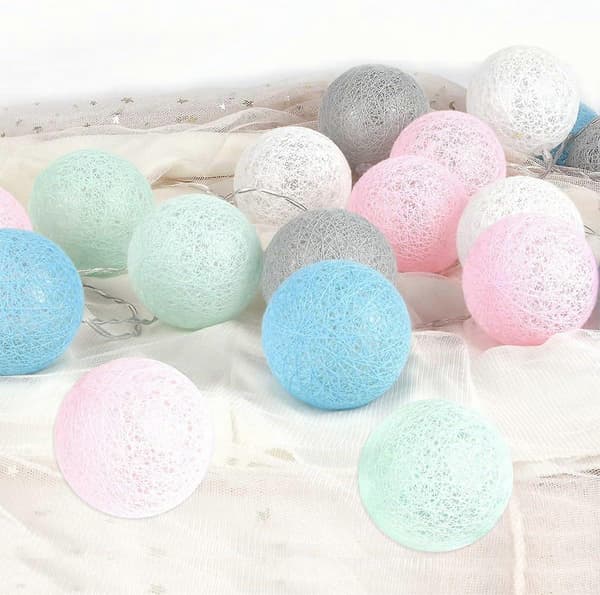 20-Ball Macaron LED Lyslenke – 3M Bomullsballer, Barnerom, Bryllup