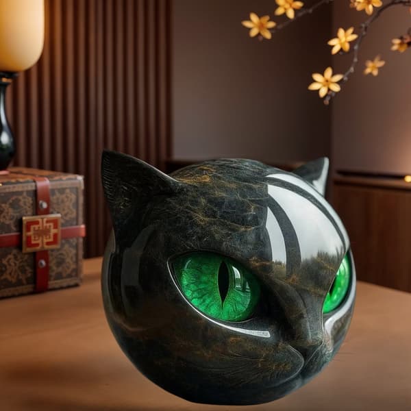 Luksuriøs sort kat sten skulptur, udsmykket sort kat skulptur, sort obsidian killing statue. green