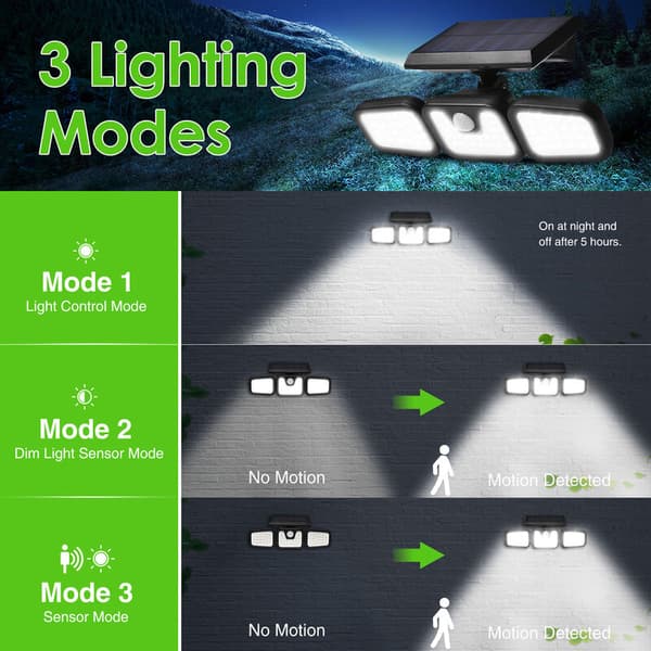 Solcelle utendørslys, 450lm, 74 LED, bevegelsessensor, utendørslys, IP67, solcelle flomlys, 3 hoder, solcelle sikkerhetslys