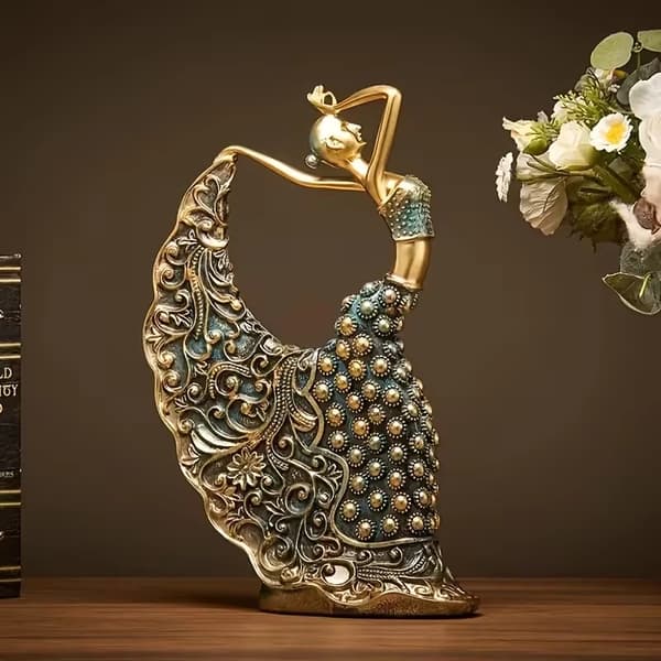 Påfugldanserstatue, Vintage Resin Danserskulptur 1PC