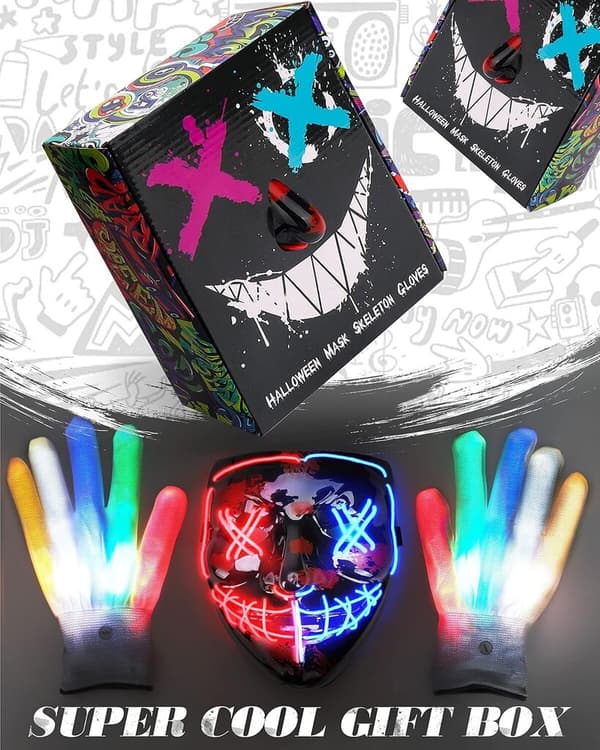 Halloween Maske LED Maske og Hansker med flere lysmoduser