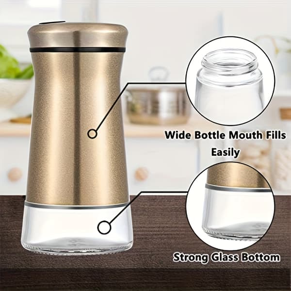 Salt- og peberbøsser, inklusive rustfri stål shaker og dispensere, samt en sukkerskål. 2pc