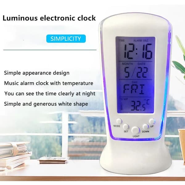 Väckarklocka med termometer och temperaturvisning, digital LED-elektronik, blå bakgrundsbelysning