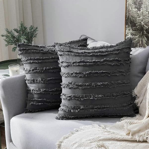 Set med 2 Dekorativa Boho Kuddfodral Linne Randig Jacquard Mönster Kuddfodral för Soffa Soffgrupp Vardagsrum Sovrum 18x18 Tum Mörkgrå