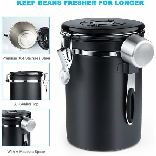 Lufttæt kaffebeholder kaffebønnebeholder med CO2-ventil med måleske 1,8L (sort)
