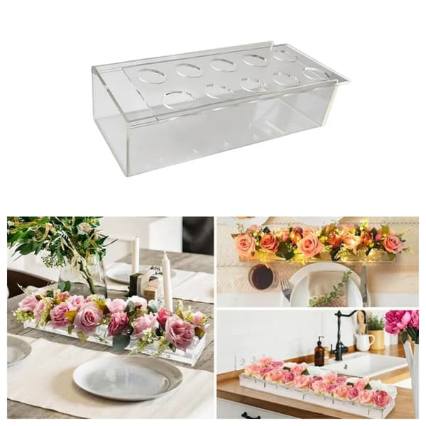 Rektangulær akryl blomstervase, 10-hullers skrivebordsdekoration, 25x10x6cm